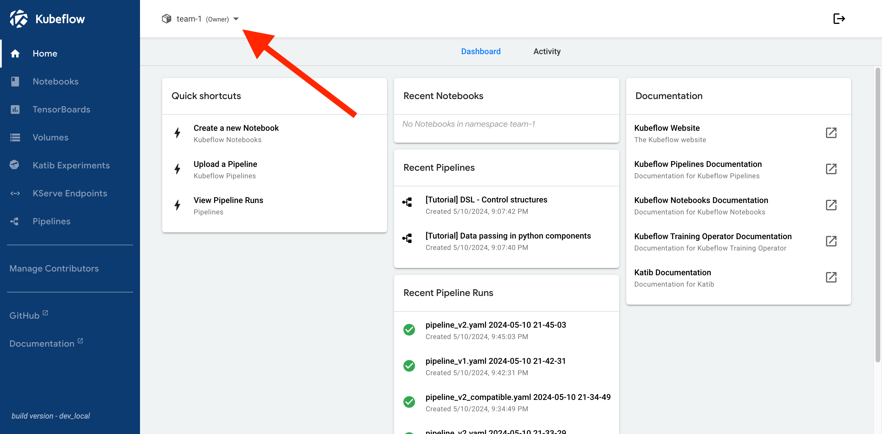 Kubeflow Central Dashboard - Profile Selector