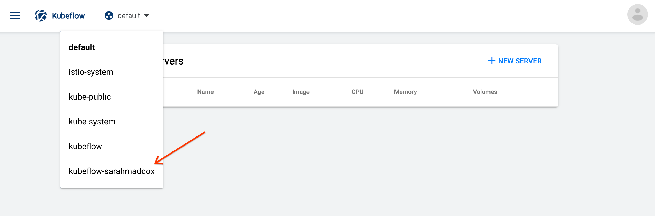 Selecting a Kubeflow namespace